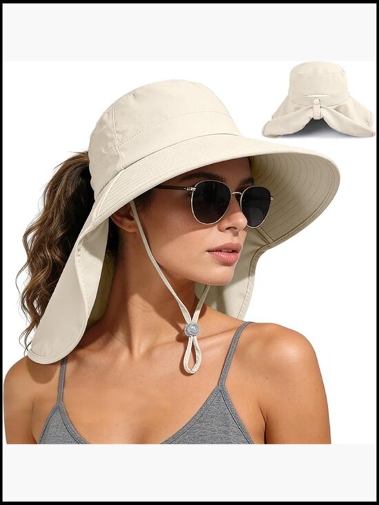 Women\'s Sun Hat with Neck Flap Ponytail Hole UPF 50+ Wide Brim Foldable Safari
